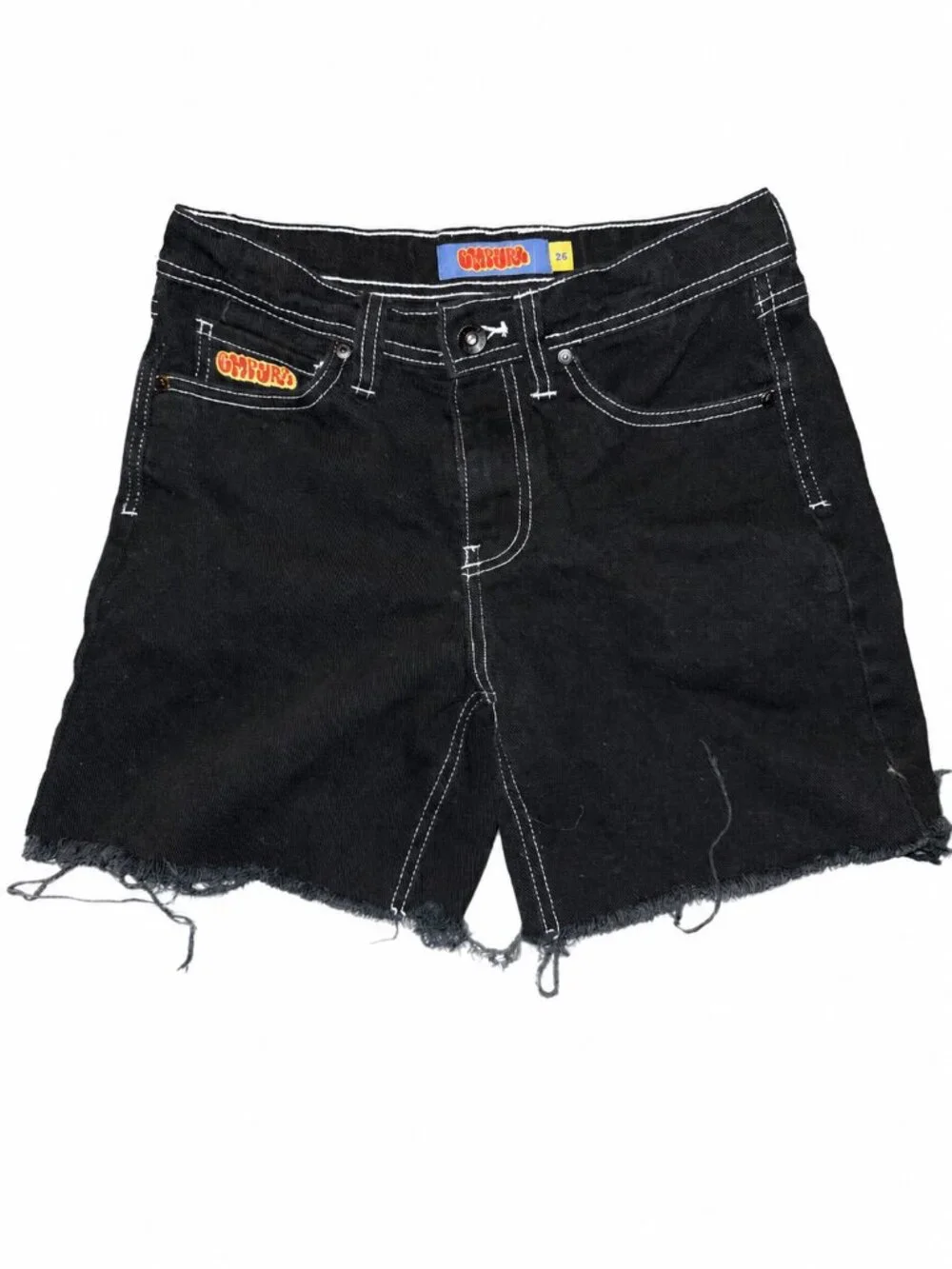 Empyre Unisex 26 Black Denim Jorts Contrast Stitch Raw Hem Y2K Skate Shorts